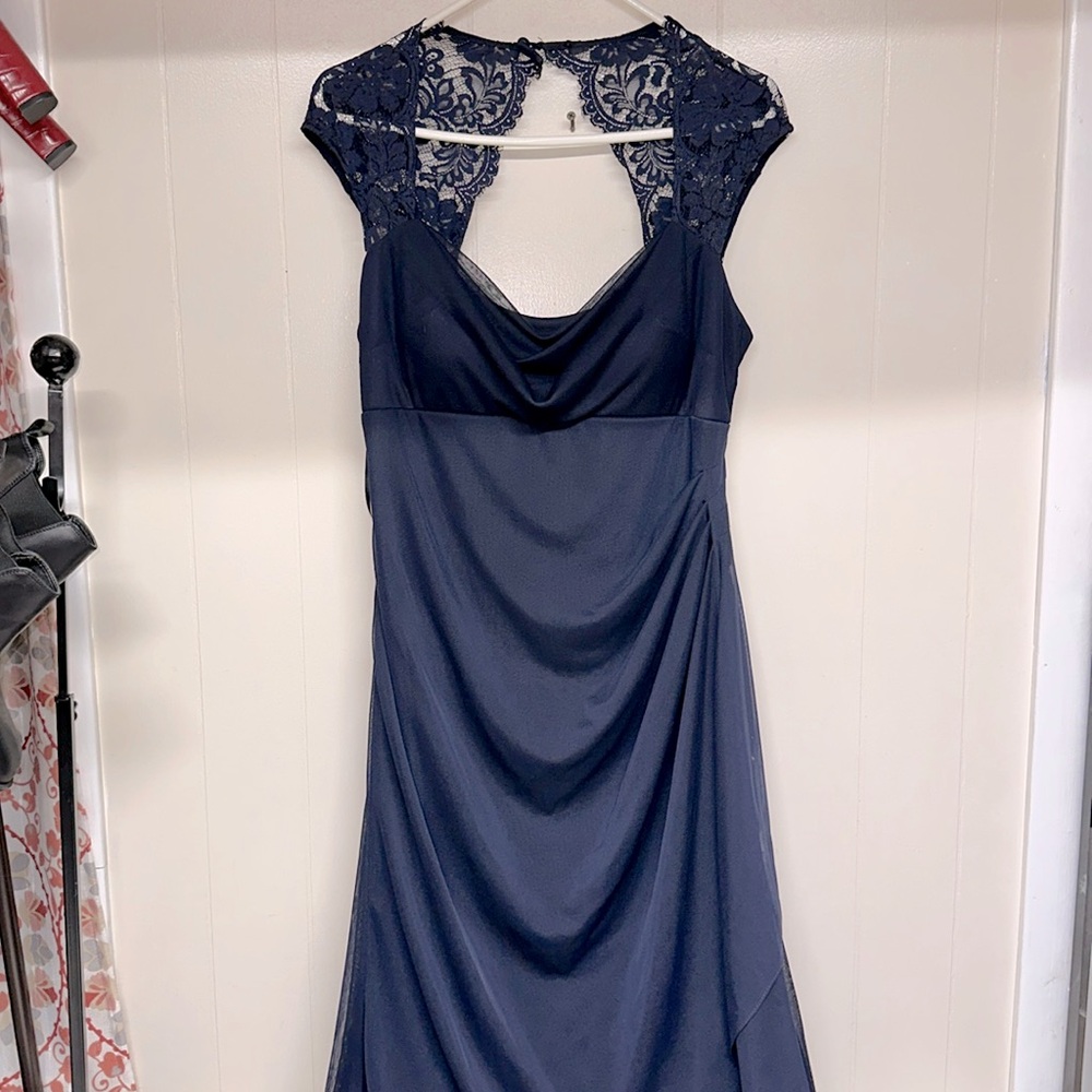 X BY XCAPE • Stand-Collar Illusion Back • Gown • Navy Blue • Size: 14